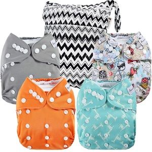 4-Pack Adjustable Size Waterproof Washable Cloth Diapers with Inserts & Wet Bag